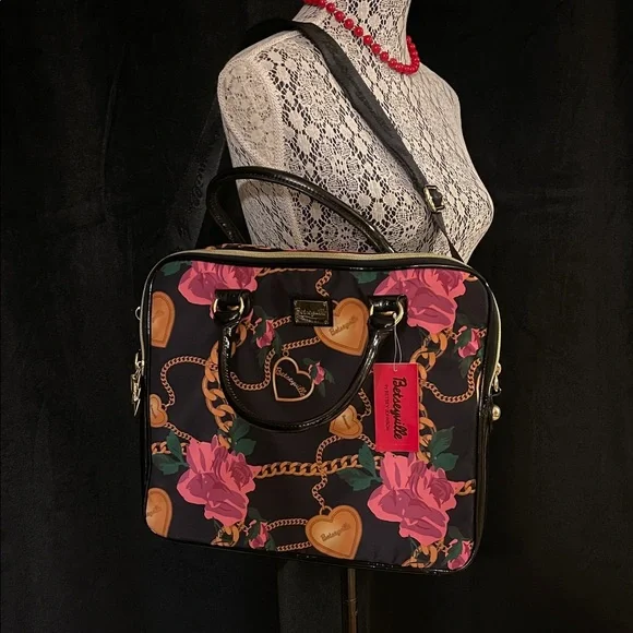 Betsey Johnson Black and Pink Floral Laptop Bag