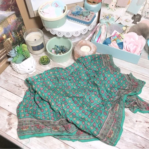 Vintage Green Brown Womens Square Scarf Head Wrap Floral Geometric Print Classic