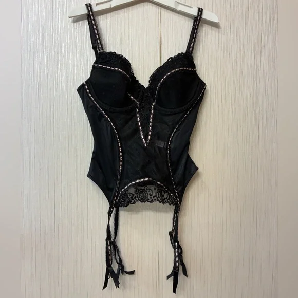Jezebel Black Mesh‎ Polka Dot Corset Bustier with Garters 34C
