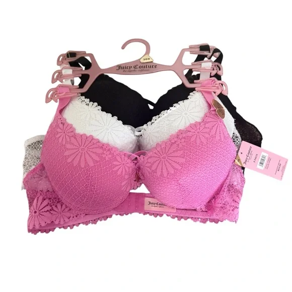 Juicy Couture Floral Lace Bra Trio - Pink, White, Black