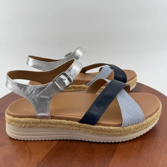 Vionic Mar Navy Multi Leather Platform Espadrille Orthotic Sandals Womens 11M