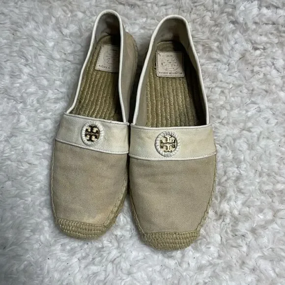 Tory Burch Canvas Khaki & beige espadrilles slip on gold tone logo accent SZ9.5