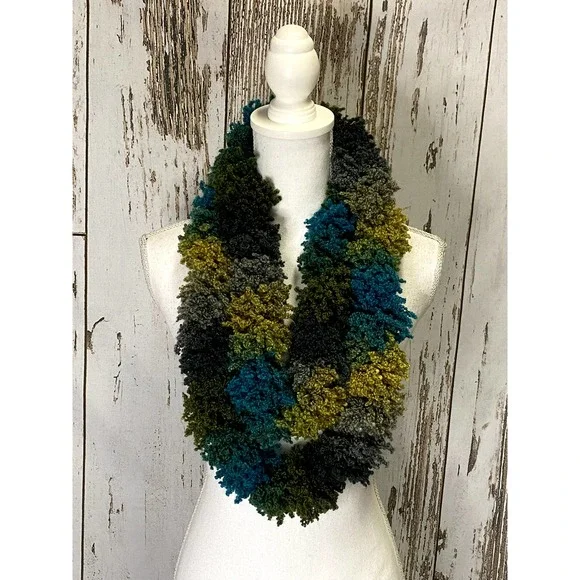 Gray/Green/Teal PomPom Infinity Scarf
