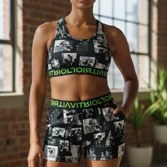 Stylish Black‎ and White Sports Bra with Green Trim