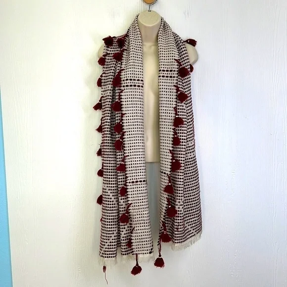 Madewell - Burgundy and Ivory Woven and Tassel Large Scarf Size Onesize