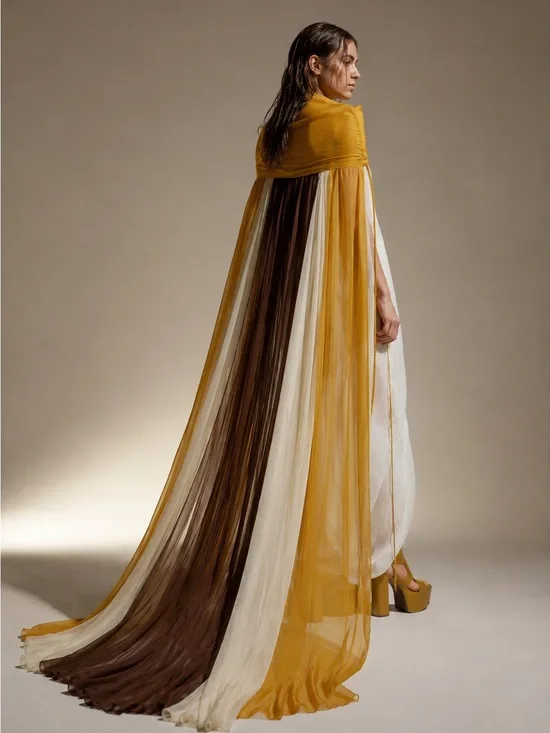 Rick Owens Yellow Brown White Cape Sheer Silk Runway One Size Rare EUC 🟡