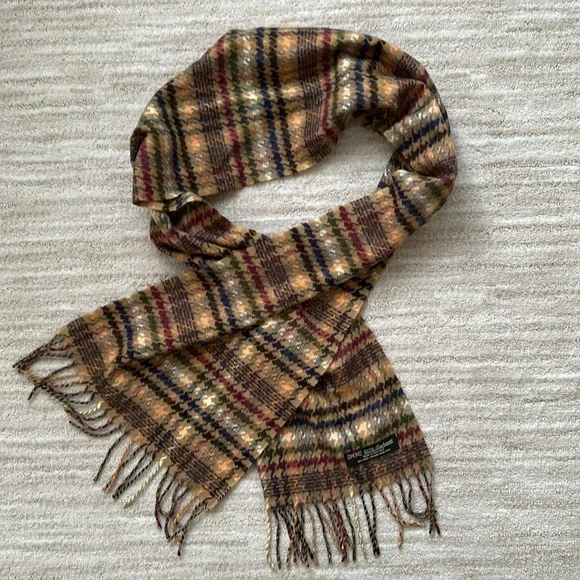 Made in Scotland 100% Cashmere Scarf Classic Tan and Multi Plaid Fringe Ends