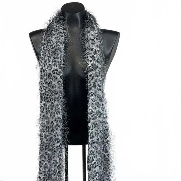 Gray Leopard Print Eyelash Knit Scarf Fuzzy‎ Shaggy Animal Print Fringe 62 Inch
