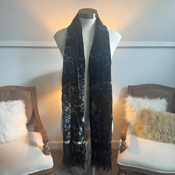 Vintage Black Velvet Silk Blend Floral Boho Grunge Scarf Pashmina