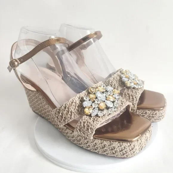 Azura European Espadrille Platform Wedges‎ Gold Rhinestones Sandals 9.5 - 10 /41