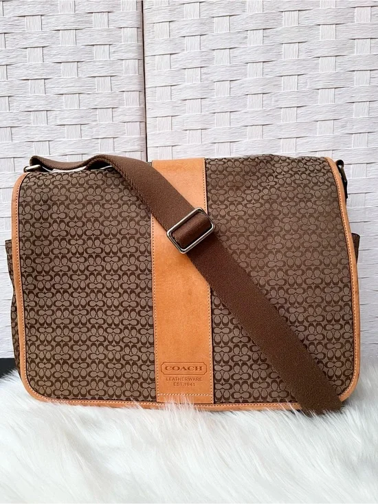 ‘07 Coach Small C Signature Canvas Messenger Bag Natural Vachetta Trim