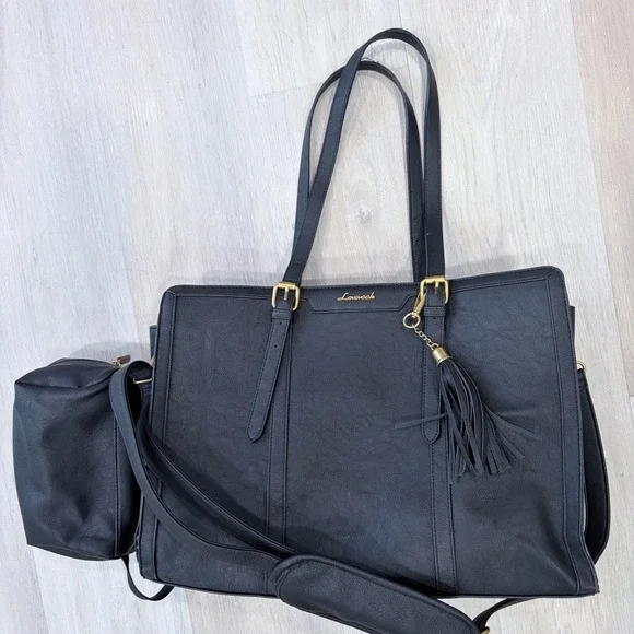 Lovevook Black Laptop Tote Bag Vegan Leather Work Briefcase Crossbody Tassel