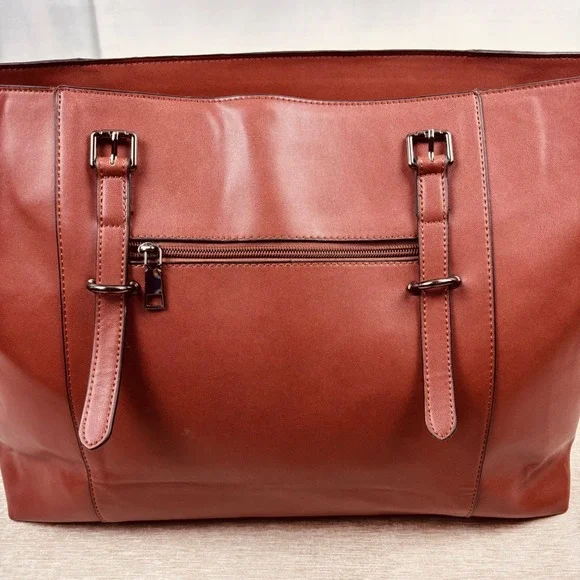 Mosiso Faux Leather Cognac Brown Laptop Bag Large Tote Straps Pockets 18