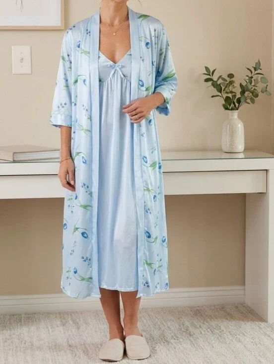 Sindrella Light Blue Floral Satin Robe & Nightgown Set -Elegant Lounge Wear XXXL