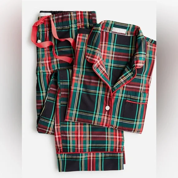 J. Crew Long-sleeve cotton poplin pajama set in black Stewart tartan