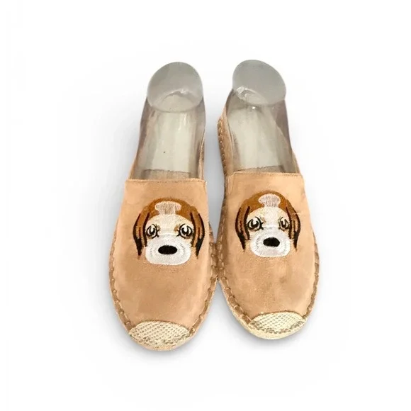Womens Tan Suede Dog‎ Face Espadrille Flats Shoes Size 39 puppy love gardencore