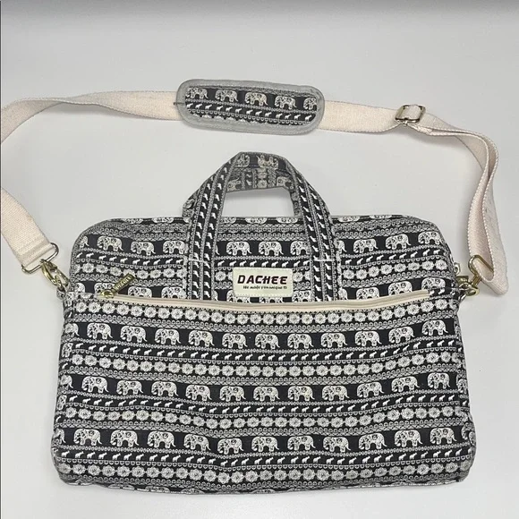 Dachee Black / White Elephant Print Laptop Bag w/ strap