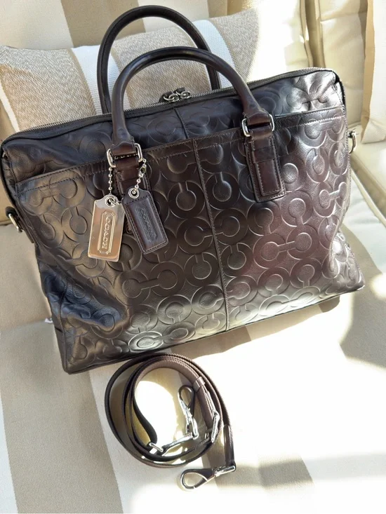 COACH Brown C Logo Stamped Leather Briefcase Laptop Business Shoulder Bag 70251