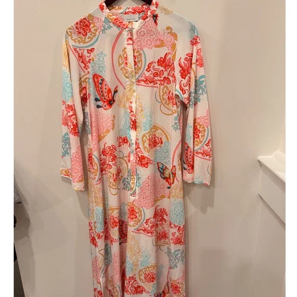Natori Floral Butterfly Print Maxi Caftan Nightgown Small Pink Blue