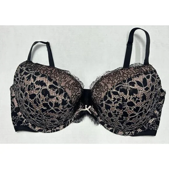 Victoria’s Secret Dream Angels Push Up Bra 36DD Black Floral Lace Lined Wired