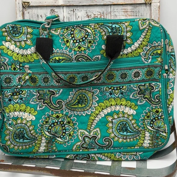 Vera Bradley Quilted Paisley Laptop Bag Briefcase Teal Green White 14x11x4