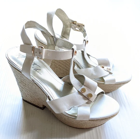 MARC FISHER Malek Chunky Espadrille jute Platform Sandals white leather