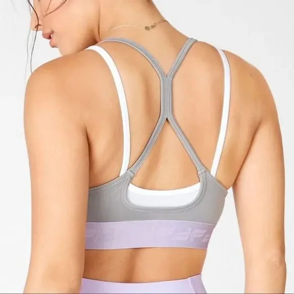 XS Fabletics layered strappy gray white & lavender athletic sports bra