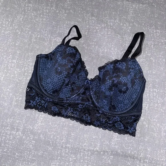 Adore Me Bra Womens 34DDD Blue Lace Longline Underwire Padded Molded Floral