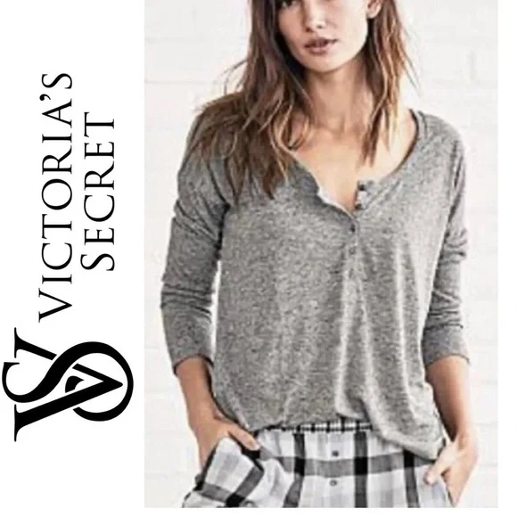 VICTORIA’S SECRET Heather Gray Henley Top The Dreamer Long Sleeve Tee Women’s M