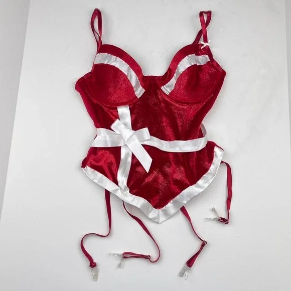 Y2K Velvet Bow Lingerie Corset Bodice Dark Red Holiday Women's Size Medium‎