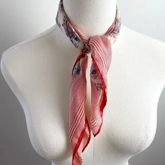 Vintage 70s Silk Square Scarf Paisley Red Ivory Old Money Quiet Luxury Parisian