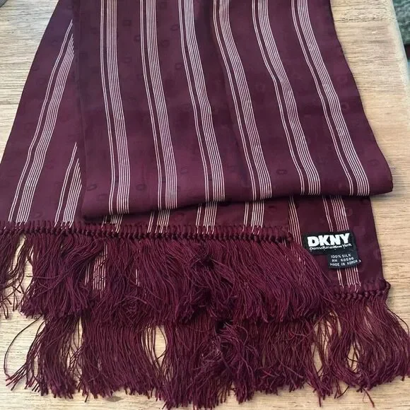 Vintage DKNY maroon cranberry striped 100% silk scarf with tassels