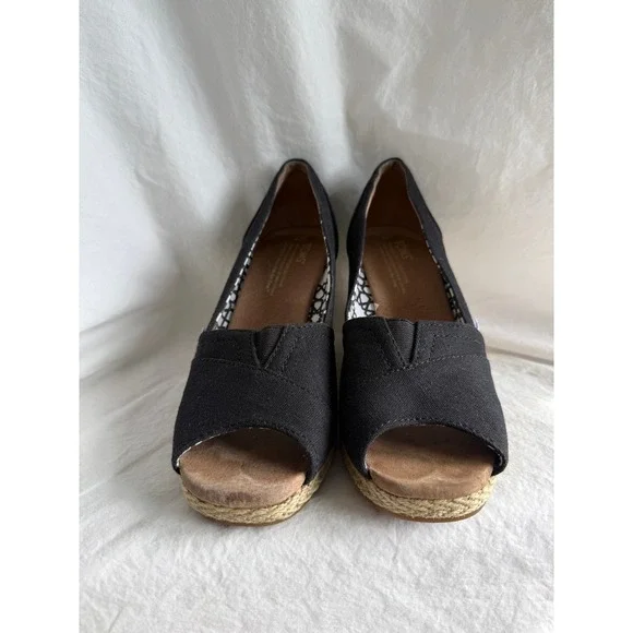 TOMS Women Black Canvas Peep Toe Espadrille Wedge Sandals Size 7