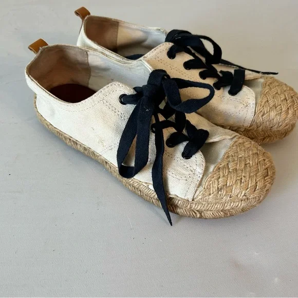 Tory Burch Women’s Espadrilles Canvas Lace Up Shoes Size 7.5 Cream Navy