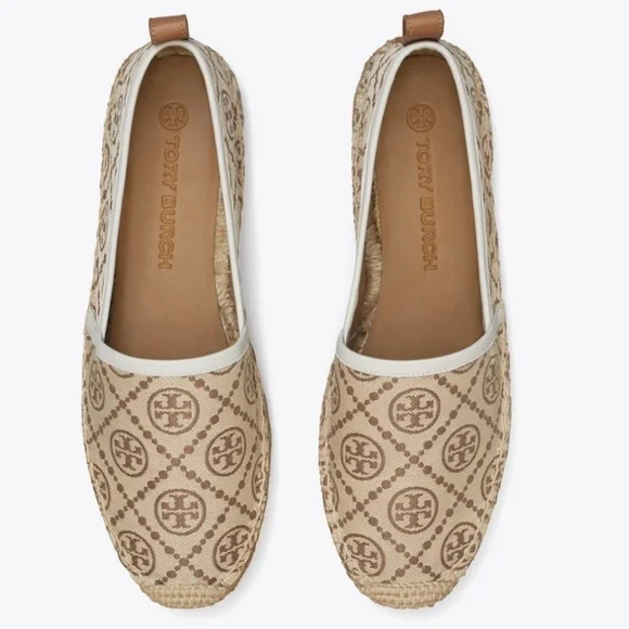 NWT TORY BURCH T MONOGRAM PLATFORM ESPADRILLE Hazelnut Logo Jacquard
