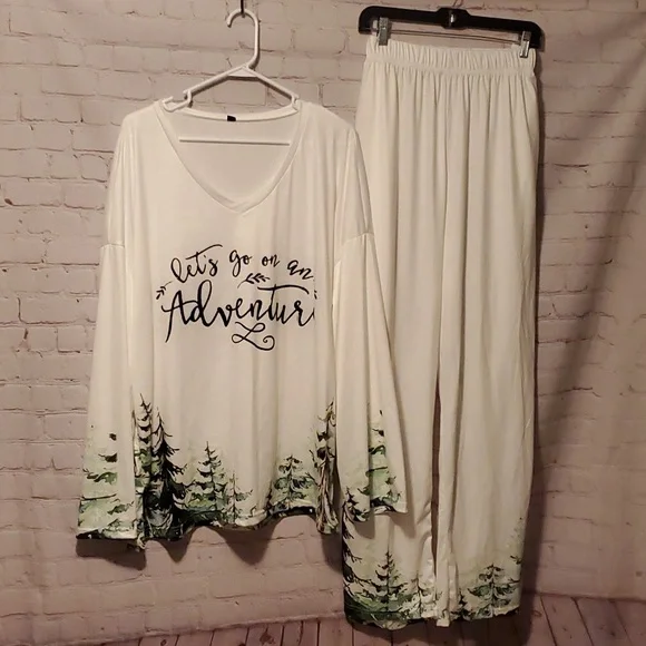 OUKU Two-Piece Lounge Set Adventure Pine Tree Print Casual V-Neck Long Sleeve