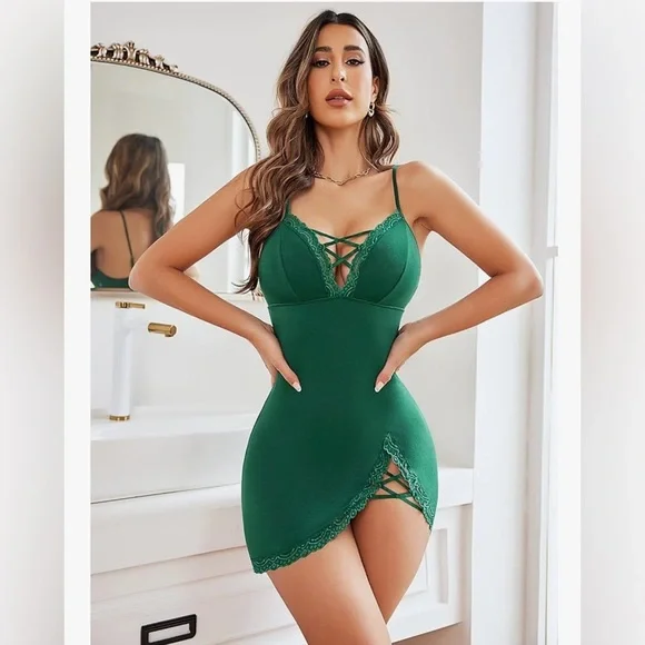Green Lace Trim Babydoll Chemise Nightgown with Matching Thong