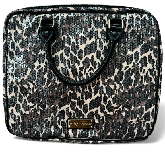 Betsey Johnson Tan and Black Sequin Leopard Carry Case Tote Laptop Bag