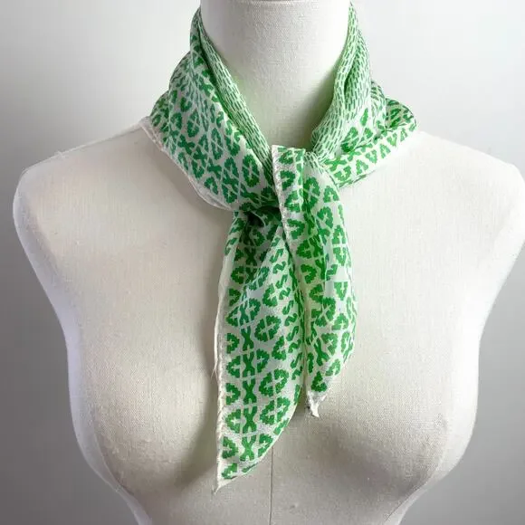 Vintage 70s Silk Square Scarf Green White Colorful Geometric Abstract Japan