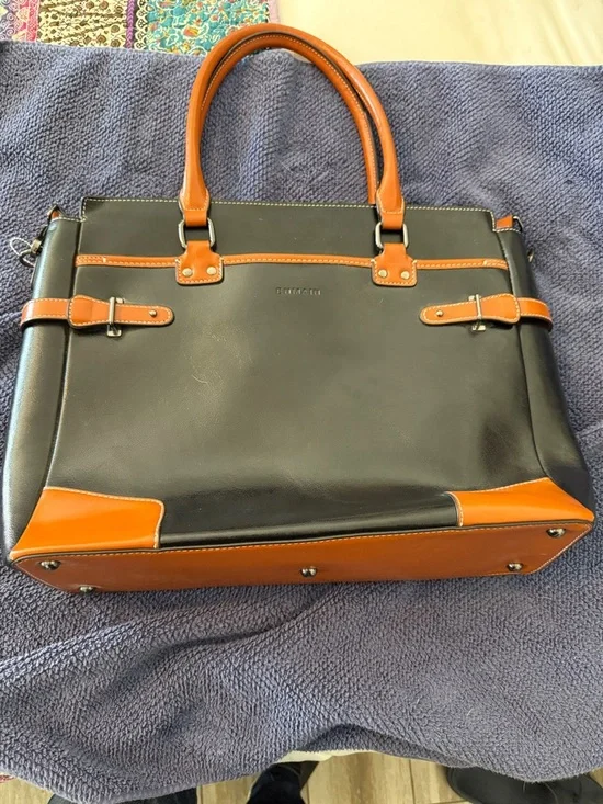 Black and Tan Leather Laptop Tote - Professional Work Bag