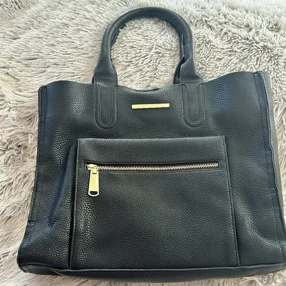 Steve Madden Black Faux Leather Laptop Tote, Gold Zip Front, Work Bag