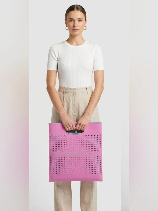 🍎 NewBella Colorblock Knit Laptop Tote Bag Pink & Cyan Blue Perforated Fabric