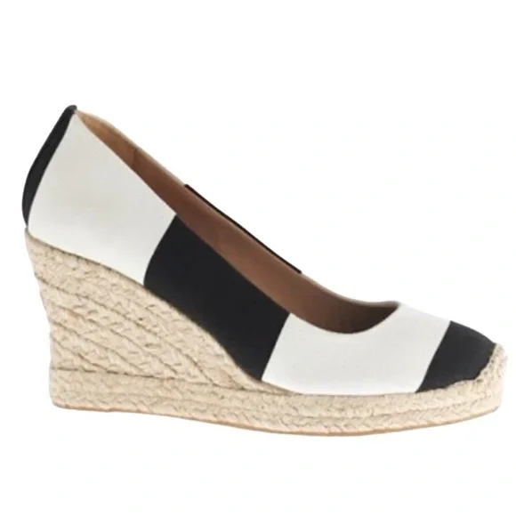 J. Crew New Seville Black White Stripe Canvas Wedge Espadrilles Women’s 9 NIB