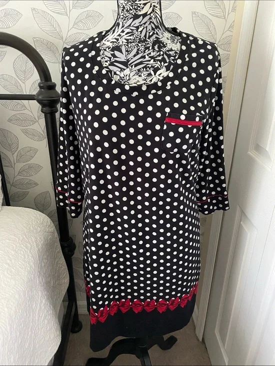Soma Black Polka Dot 3/4 sleeve sleep shirt with red bow trim