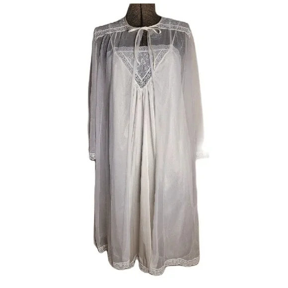 Vintage 60s‎ 70s Peignoir Nightgown Set Bed Coat White Bridal Slip M Gilead
