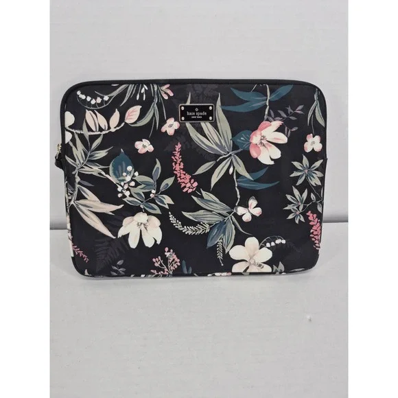 Kate Spade Black Floral Print Nylon Padded Laptop Sleeve Excellent