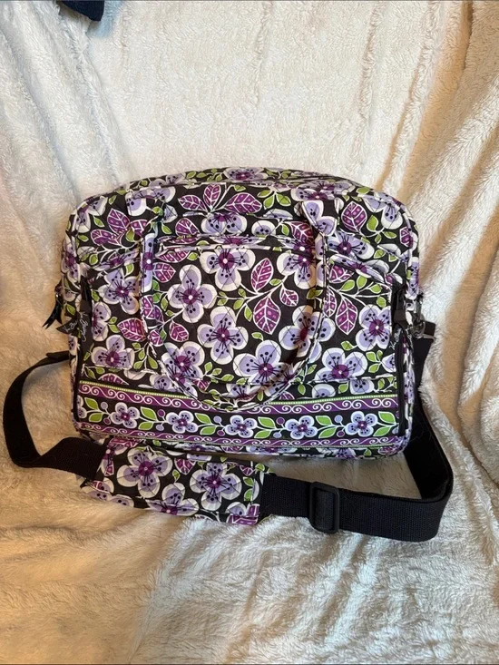 Vera Bradley Plum Crazy Quilted Floral Laptop Travel Bag Purple Green Messenger