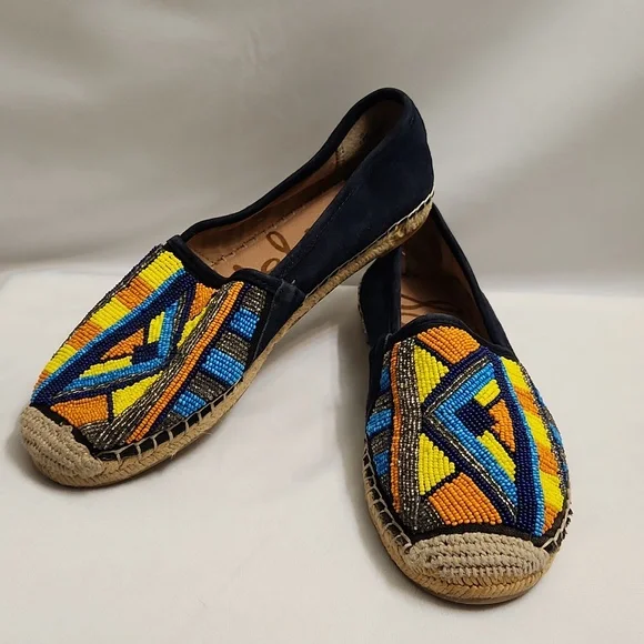 Sam Edelman Maris Colorful Beaded Aztec Tribal Suede Espadrilles (W Size 7.5)