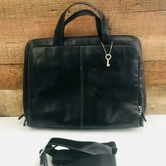 NWOT Fossil Black Leather Briefcase/Laptop Bag