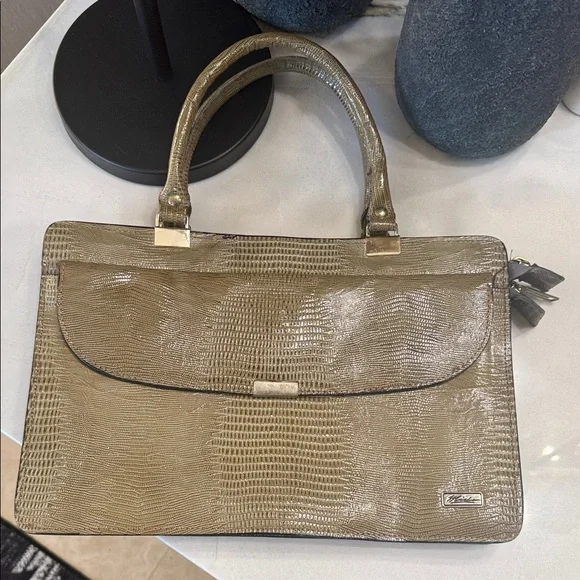 Vintage Mido Top Handle Handbag 1950s 1960s Reptile Embossed Taupe Structured
